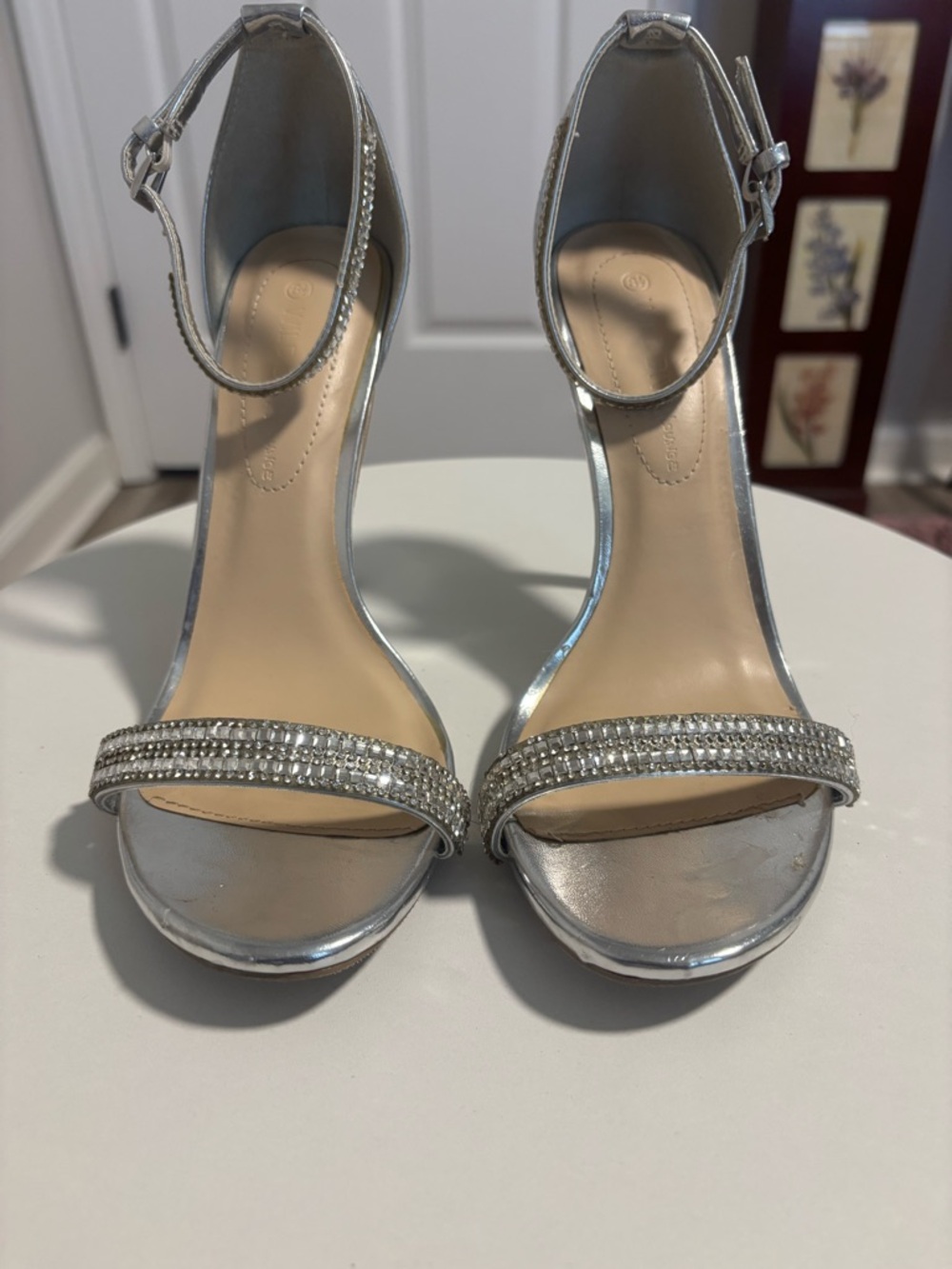 Silver Ankle-Strap Evening Sandals with Crystal Accent